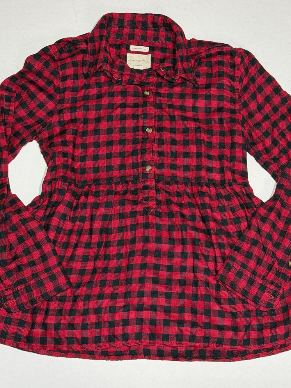 American Eagle Womens Red and Black Buffalo Plaid “Peblum” flannel long sleeve